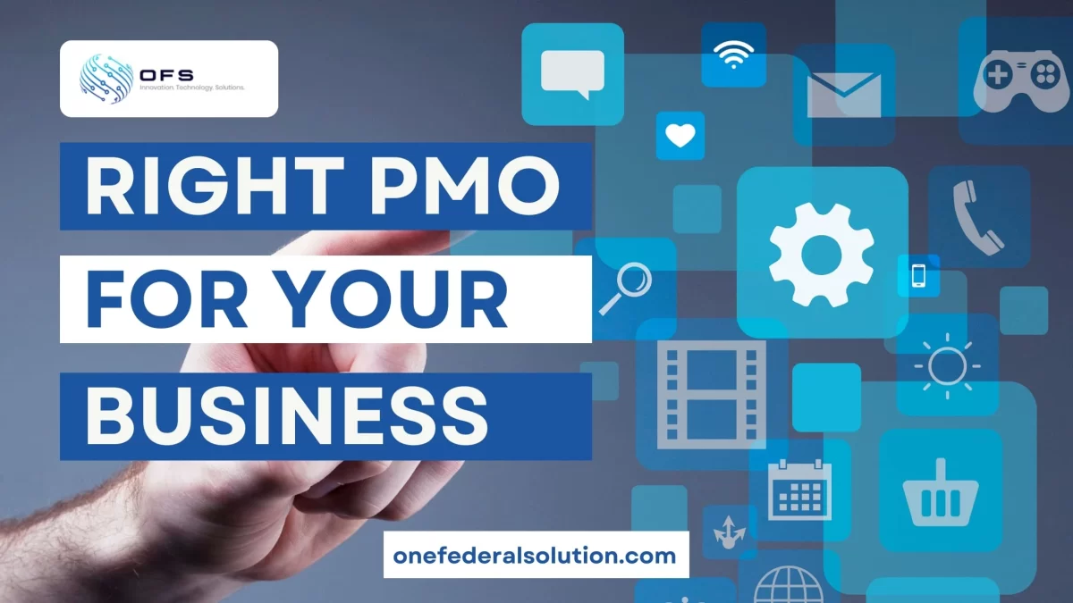 a hand touching projected elements and a text written right pmo for your business