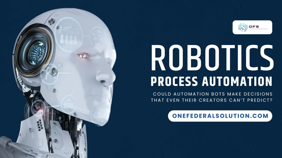 A white colored robot and a text written robotics process automation