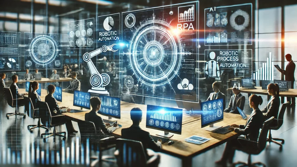 Real-world application of Robotic Process Automation (RPA) in a corporate office, showcasing professionals working alongside AI-driven automation systems and digital analytics.